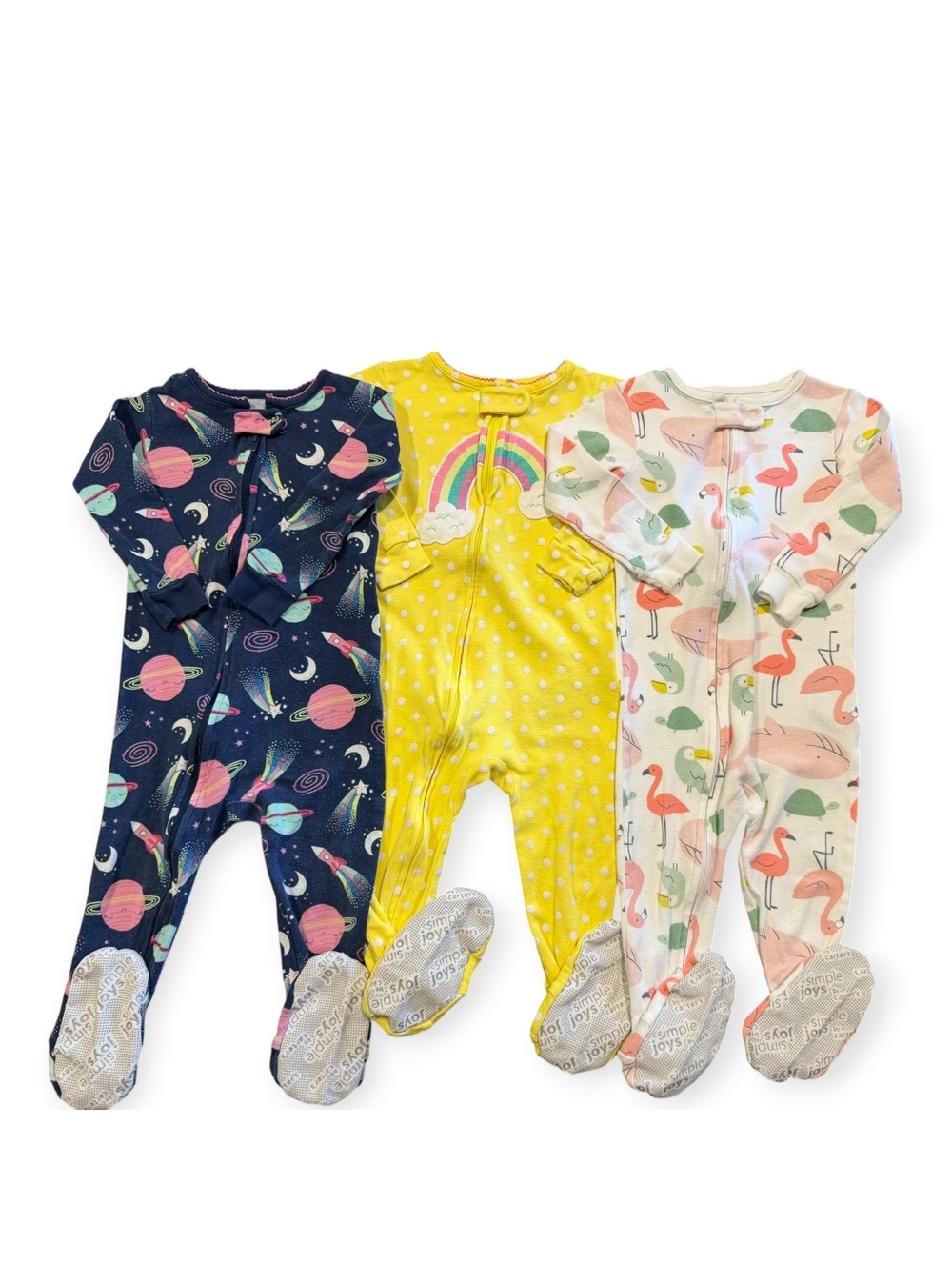 Carter's Baby Girl Footed Pajamas 18M Space, Rainbow, and Flamingo Prints 3-Pack